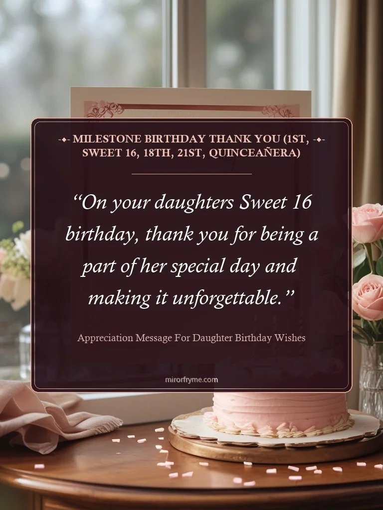 Milestone Birthday Thank You (1st, Sweet 16, 18th, 21st, Quinceañera) - Appreciation Message for Daughter Birthday Wishes